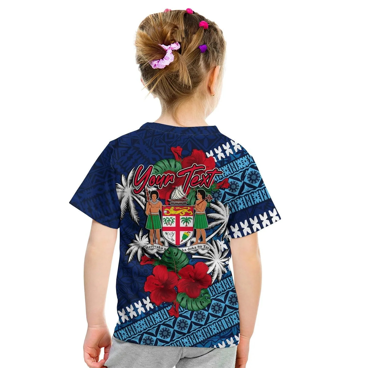 (Custom Personalised) Fiji Patterns With Hibiscus T Shirt KID LT6