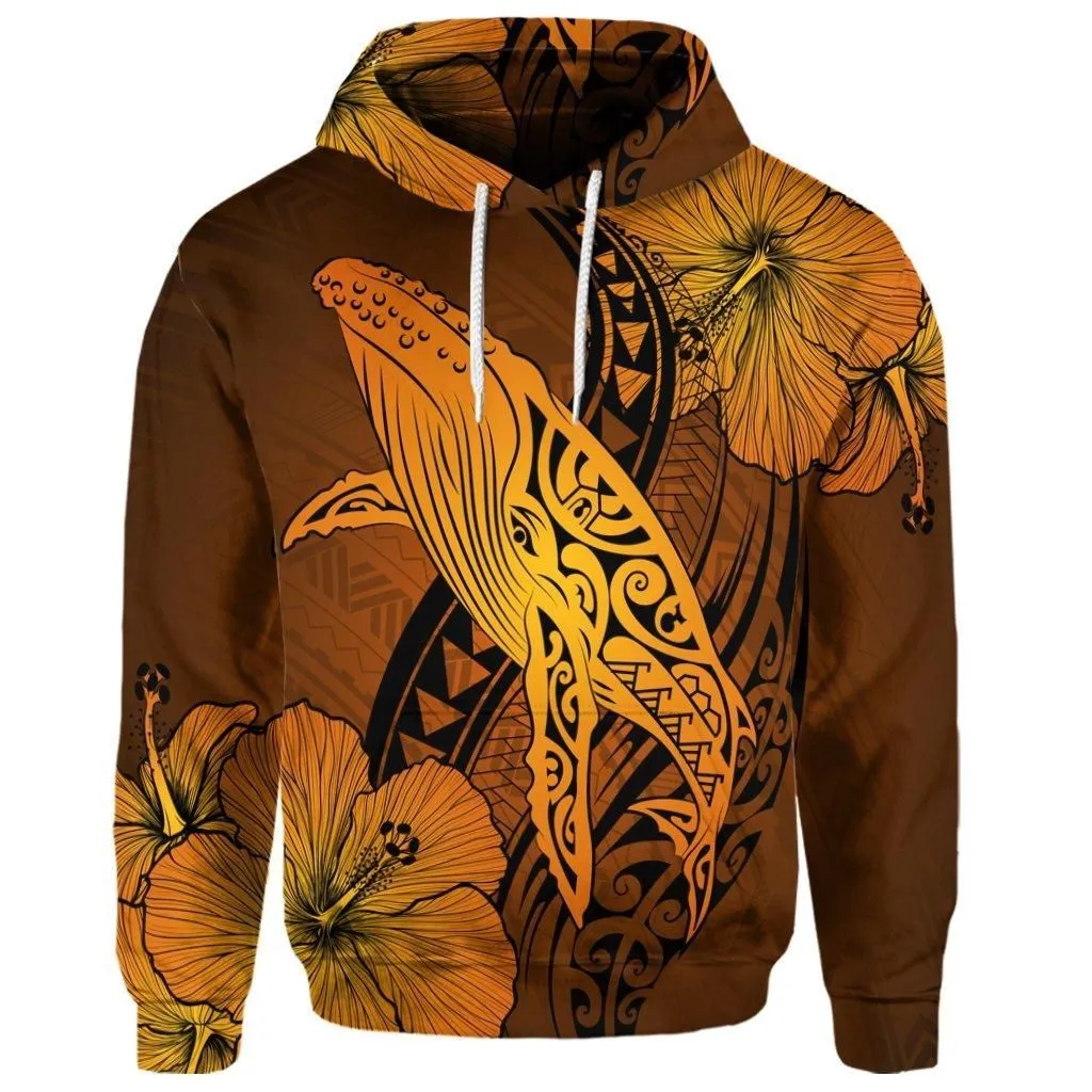 (Personalised) Hawaiian Map Whale Swim Hibiscus Polynesian Hoodie - Orange - AH