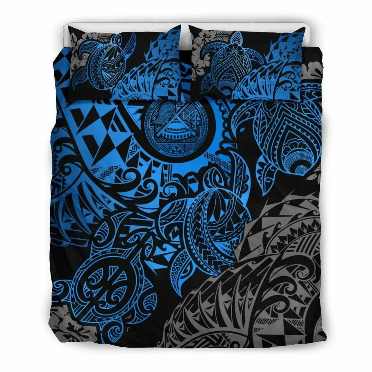 Vibe Hoodie American Samoa Polynesian Bedding Set - Blue Hibiscus Turtle Flowing