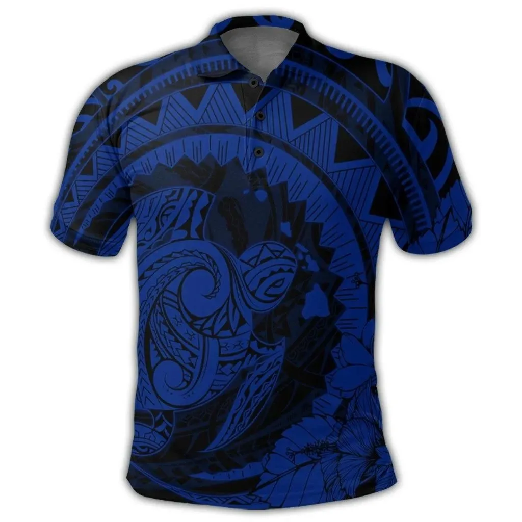 Alohawaii Shirt - Hawaiian Kanaka Honu Map Hibiscus Globular Polynesian Blue Polo Shirt - AH - JR