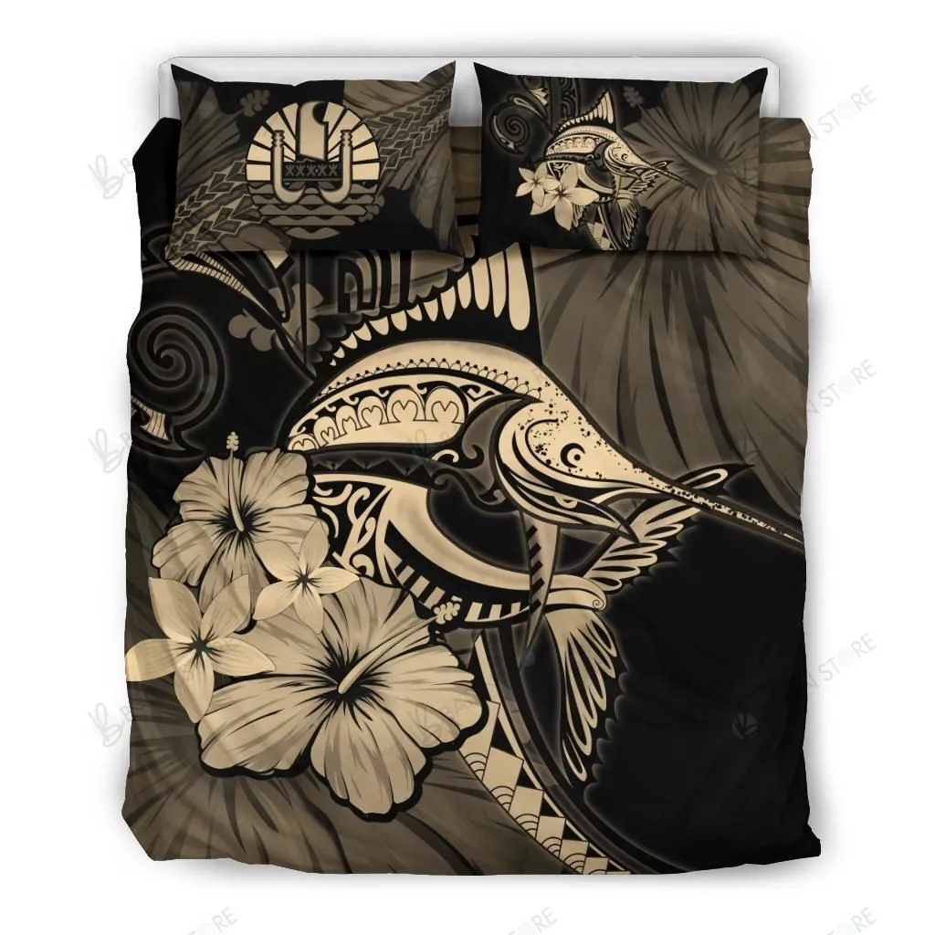 Vintage Tahiti Gold Marlin Hibiscus Bedding Set Bedroom Decor