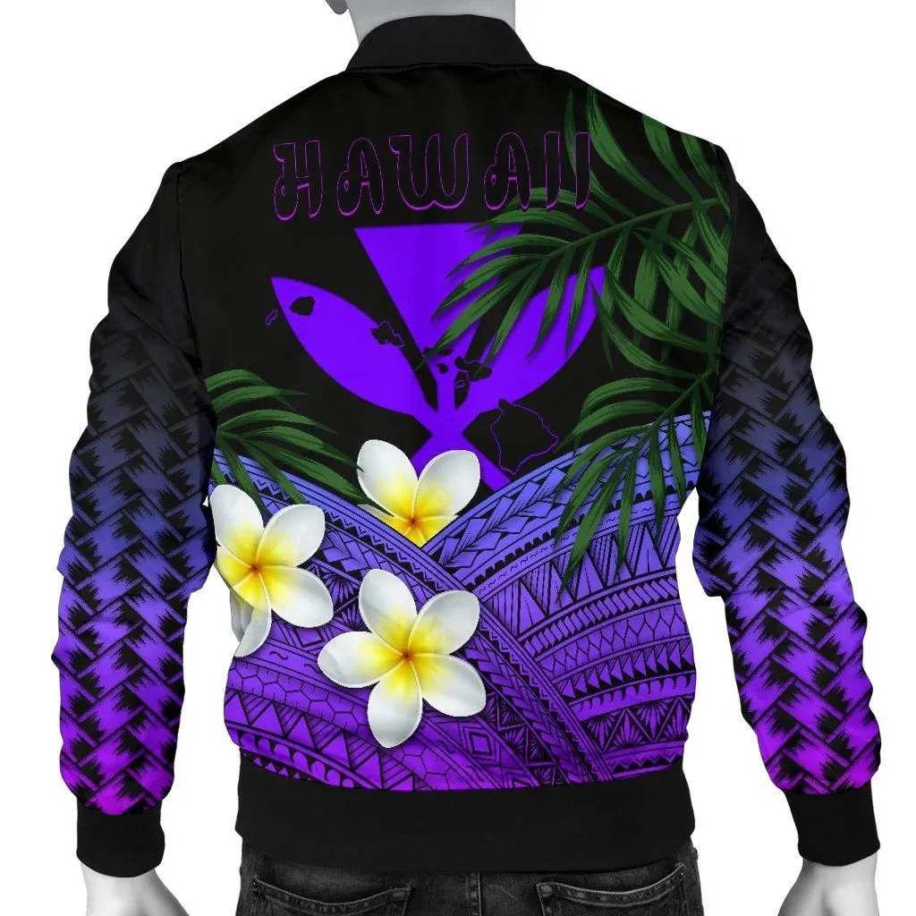 Kanaka Maoli (Hawaiian) Mens Bomber Jacket, Polynesian Plumeria Banana Leaves Purple