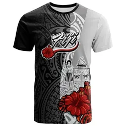 Fiji Polynesian T-Shirt - Coat Of Arms With Hibiscus White - BN12