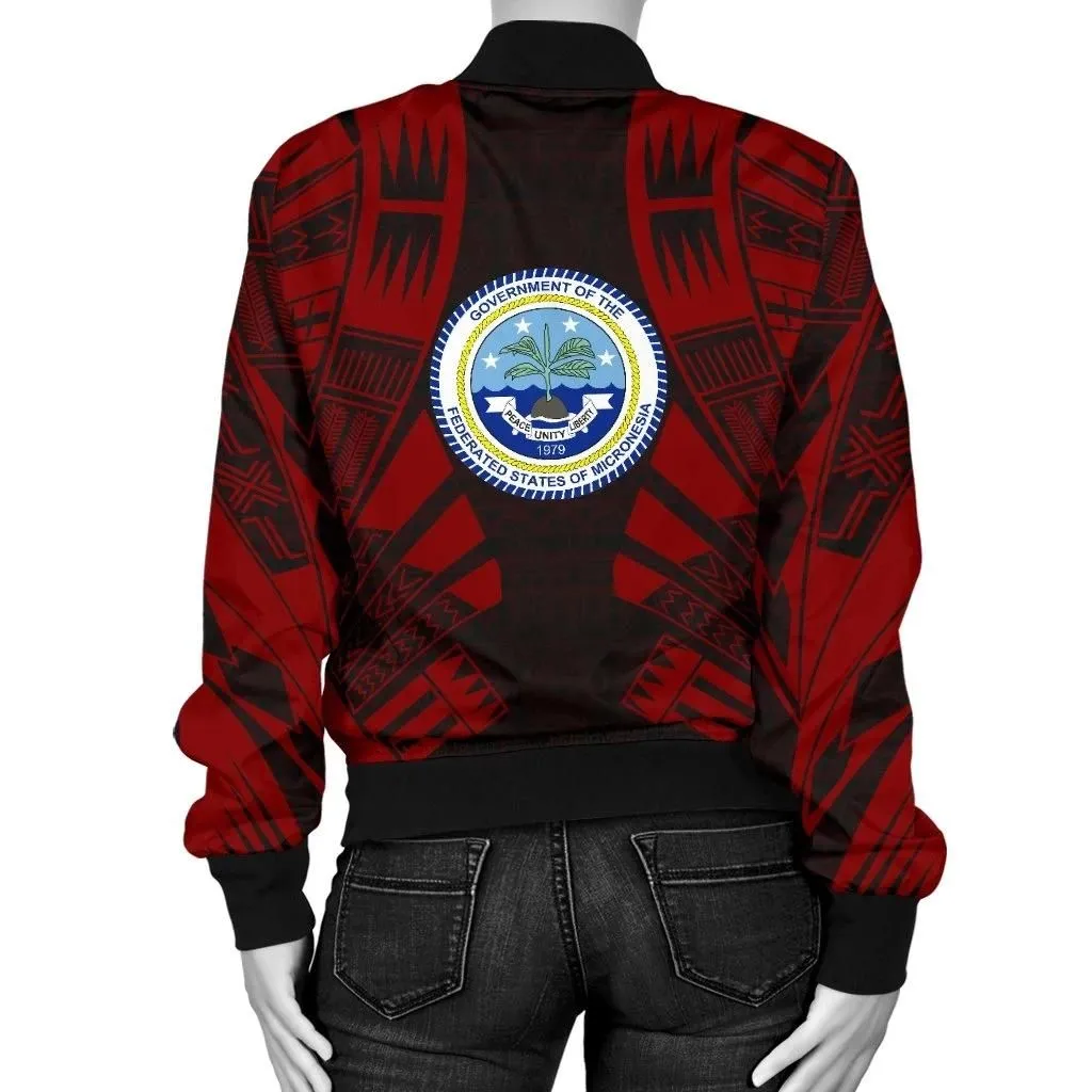Federated States Of Micronesia Women Bomber Jacket - Polynesian Tattoo Red - BN0110
