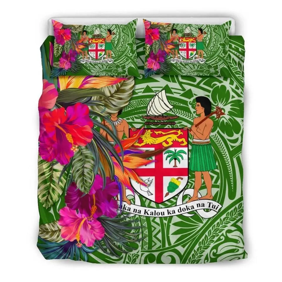 Vibe Hoodie Fiji Bedding Set - Hibiscus Polynesian Pattern Green Version
