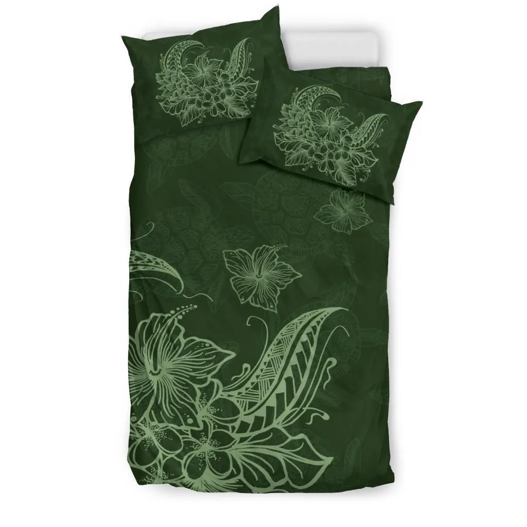Hawaiian Hibiscus Polynesian Turtle Background  Green Bedding Set