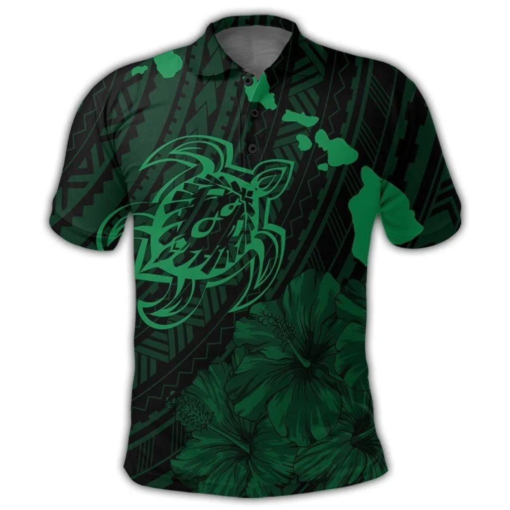 Hawaiian Hibiscus Sea Turtle Swim Polynesian Polo Shirt - Green