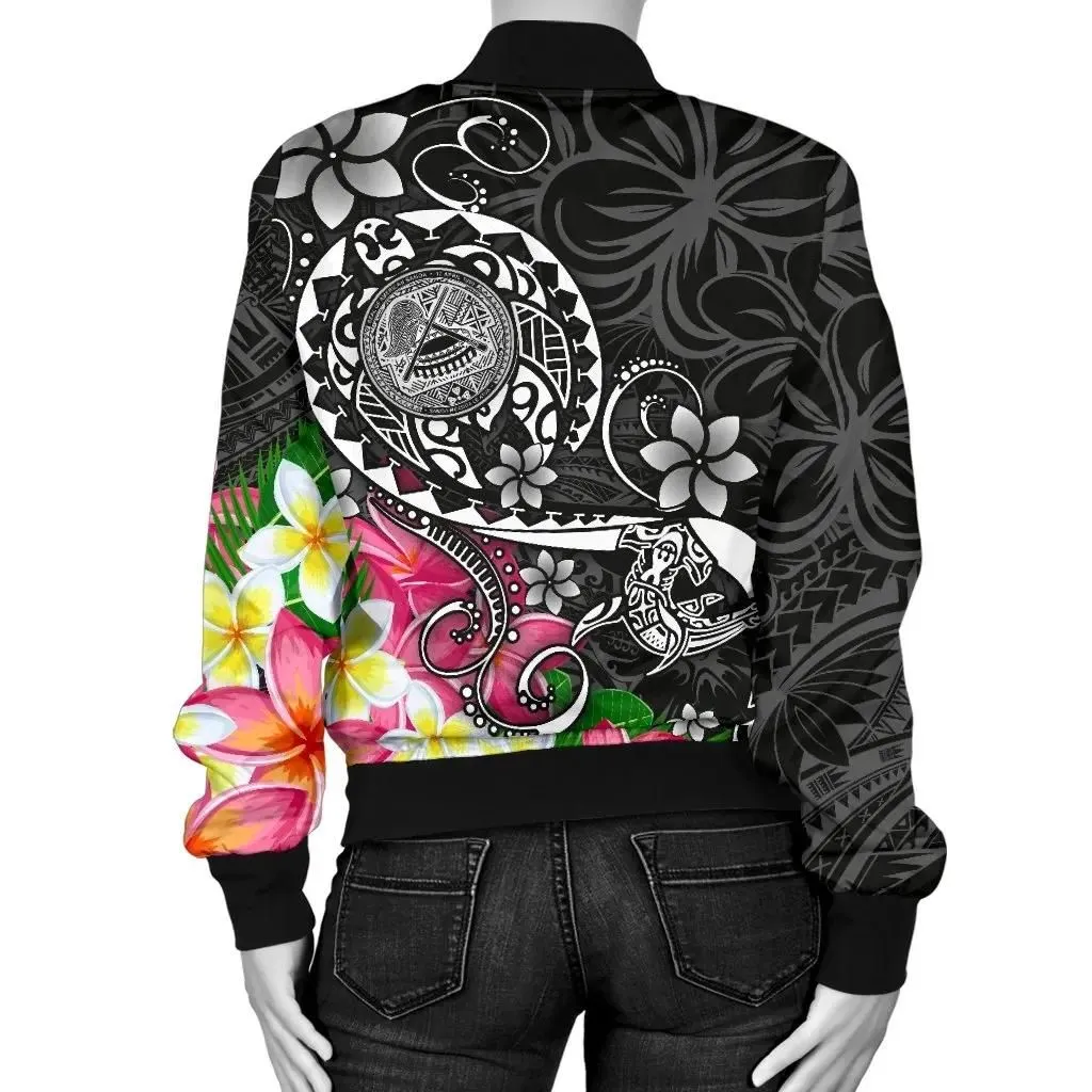 Alohawaii Jacket - Bomber Jacket American Samoa Polynesian - Turtle Plumeria (Black) - BN18