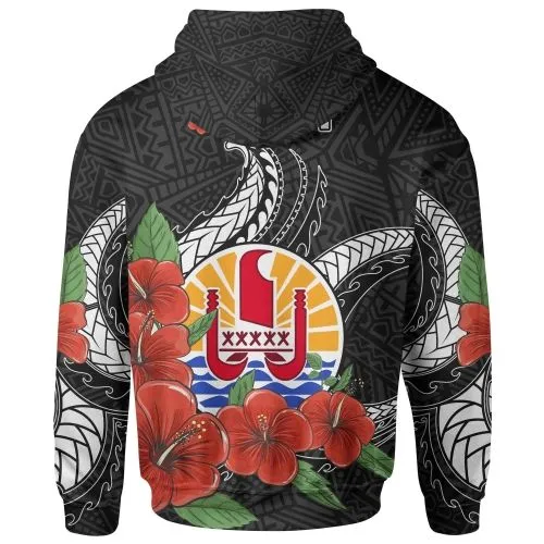 Tahiti Polynesian Hoodie - Hibiscus Coat of rm Black
