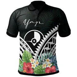 Yap Polo Shirt - Yap Coat of Arms & Polynesian Tropical Flowers White