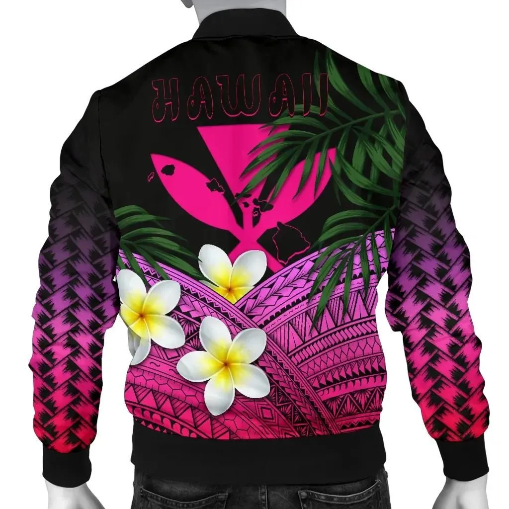 Kanaka Maoli (Hawaiian) Men's Bomber Jacket, Polynesian Plumeria Banana Leaves Pink A02