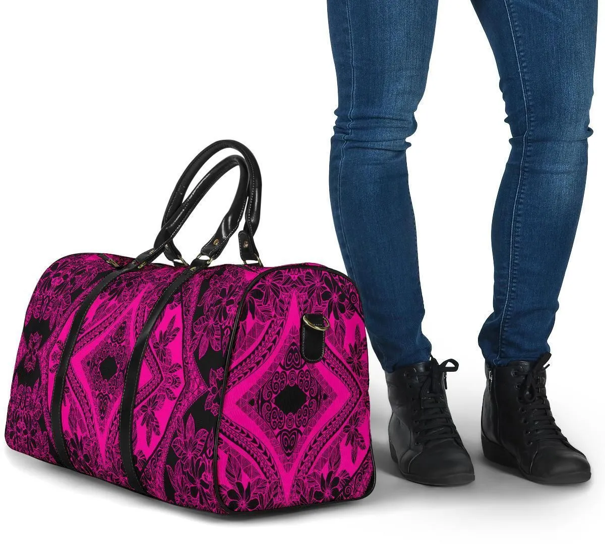 Polynesian Plumeria Mix Pink Black Hawaii Travel Bag