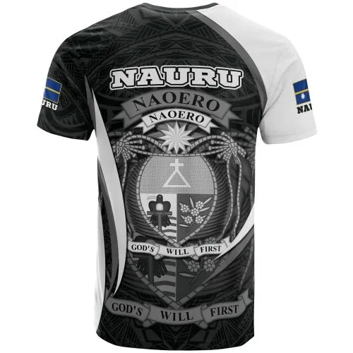 Nauru Polynesian T shirt - Nauru Flag Coat Of Arms Polynesian Tattoo White Black