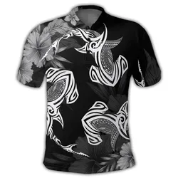 Hawaiian Hammerhead Shark Hibiscus White Polynesian Polo Shirt - AH