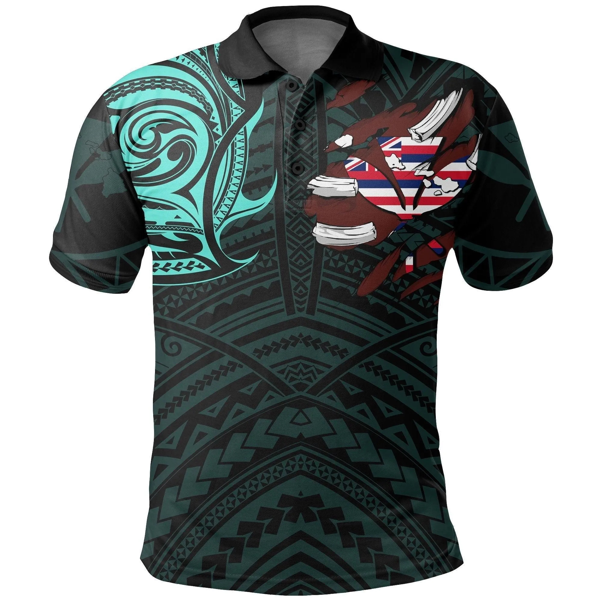 Hawaiian Kanaka Polo Shirt Heart Tattoo Turquoise
