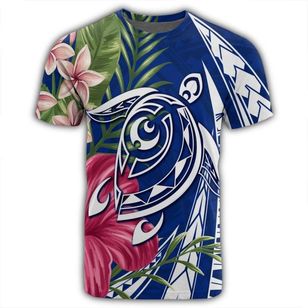 Hawaii Polynesian Turtle Tropical Hibiscus Plumeria T-Shirt - Blue - AH