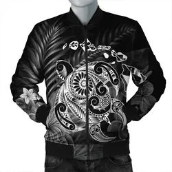 Hawaiian Map Turtle Tattoo Hibiscus Plumeria Polynesian Bomber Jacket - White - AH