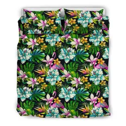 FamilyGater Home Set - Hawaiian Hibiscus Flomingos And Tropical Flowers Polynesian Bedding Set - AH - J7