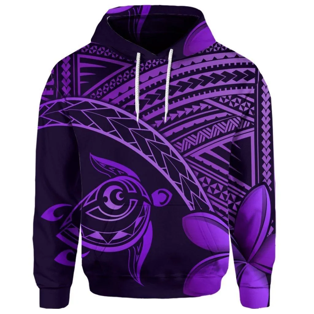 (Personalised) Hawaiian Turtle Plumeria Kakau Polynesian Quilt Hoodie Neo Purple AH
