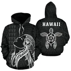 Polynesian Kakau Hula Girl Turtle Hibiscus Hawaii Hoodie White