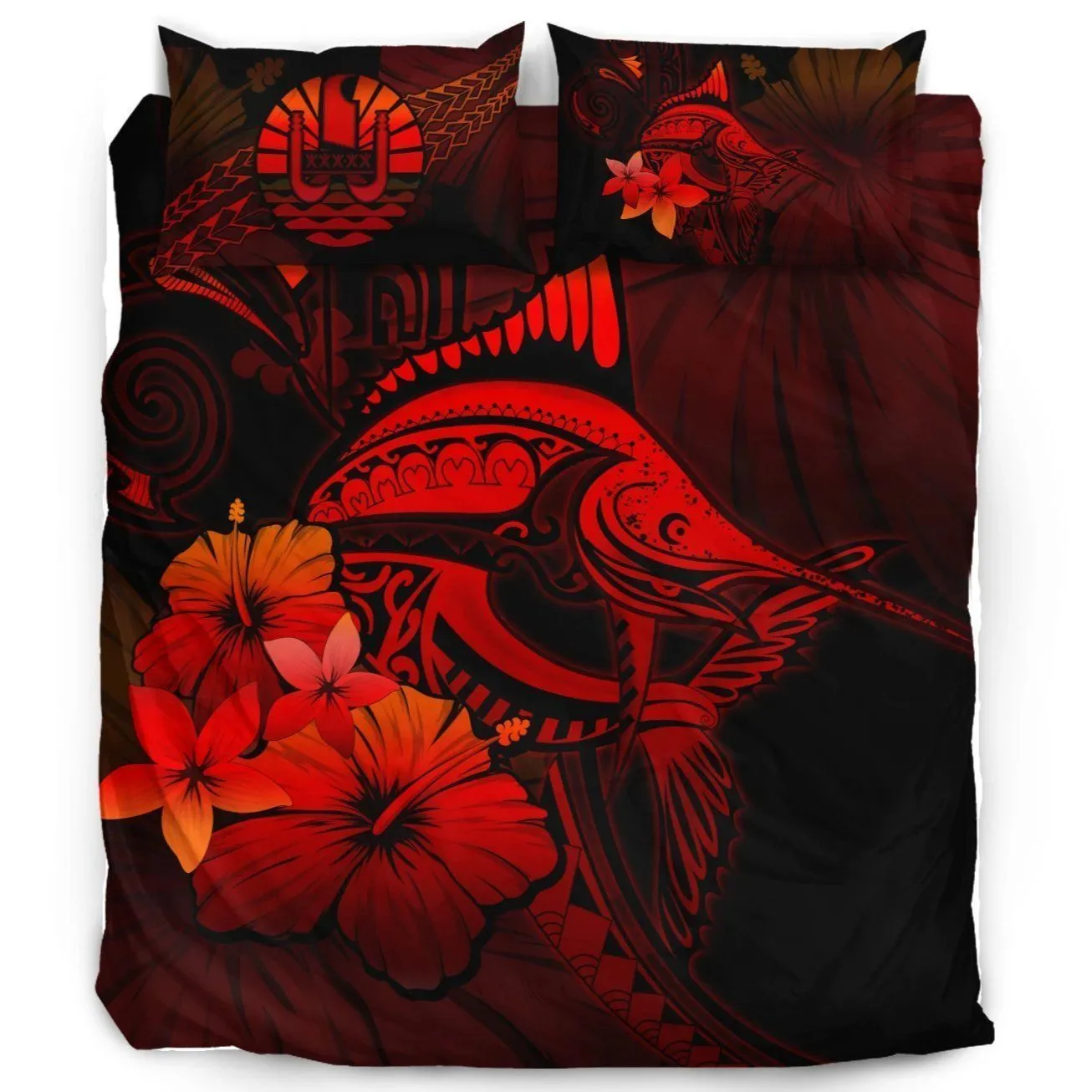 Tahiti Marlin And Hibiscus Bedding Set Bedroom Decor Red And Black