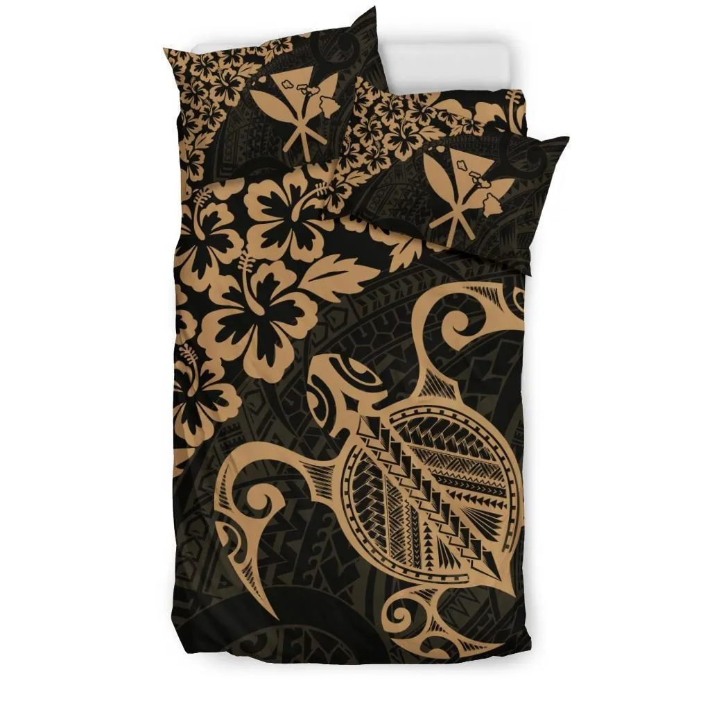 Hawaiian Map Turtle Hibiscus Kanaka Polynesian Bedding Set - Gold
