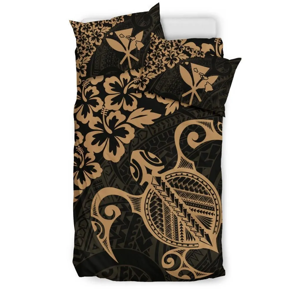 Hawaiian Map Turtle Hibiscus Kanaka Polynesian Bedding Set - Gold
