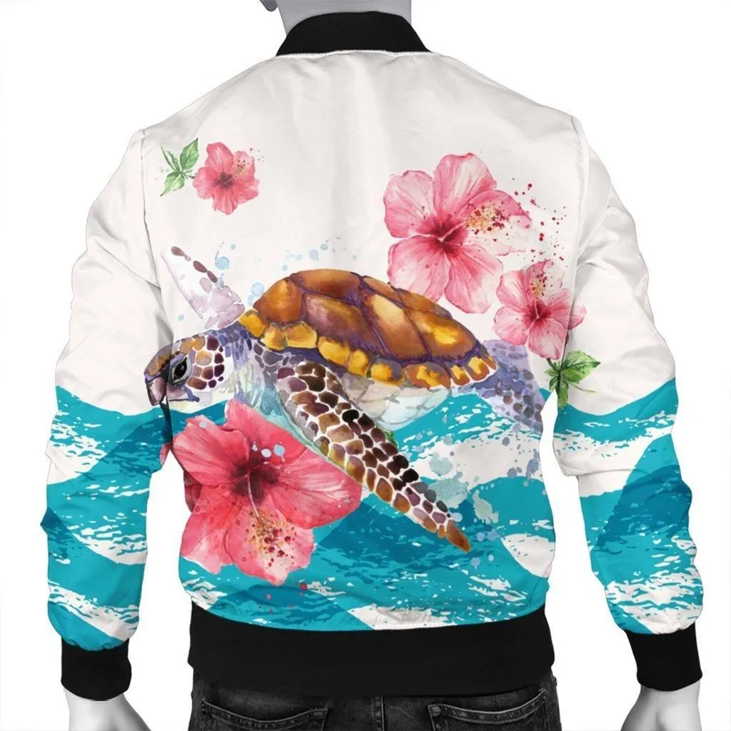 Hawaiian Turtle Hibiscus Waves Polynesian Bomber Jacket