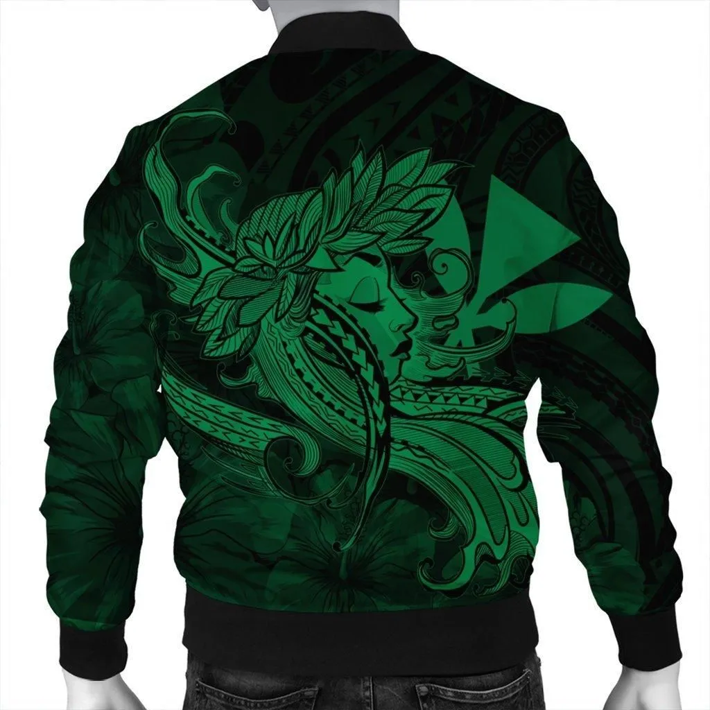 Hawaiian Map Hula Girl Hibiscus Kanaka Polynesian Bomber Jacket - Green
