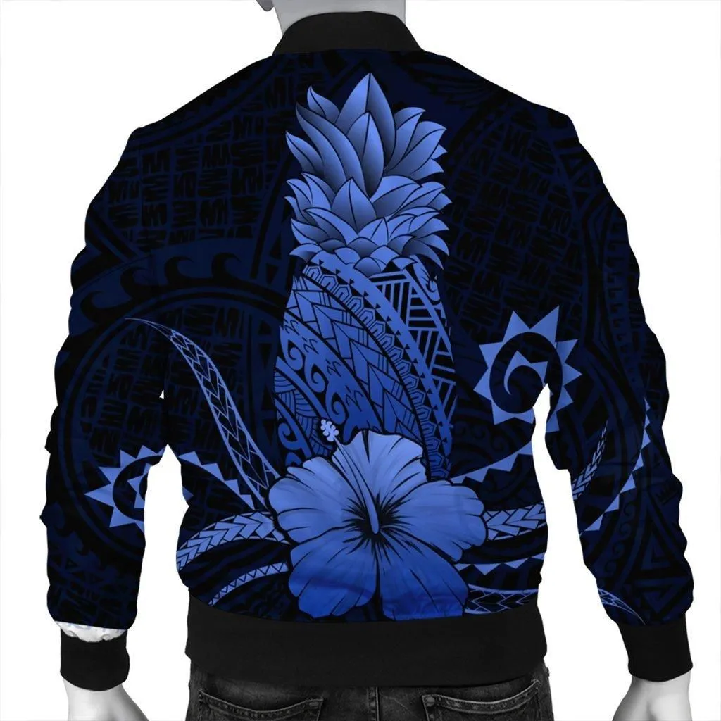 Hawaii Polynesian Pineapple Hibiscus Bomber Jacket - Blue - AH