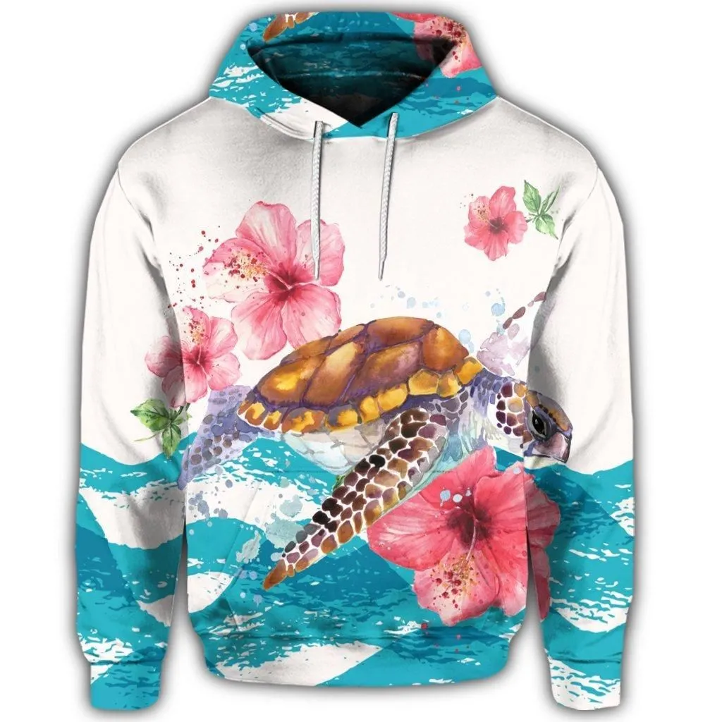 Hawaiian Turtle Hibiscus Waves Polynesian Hoodie