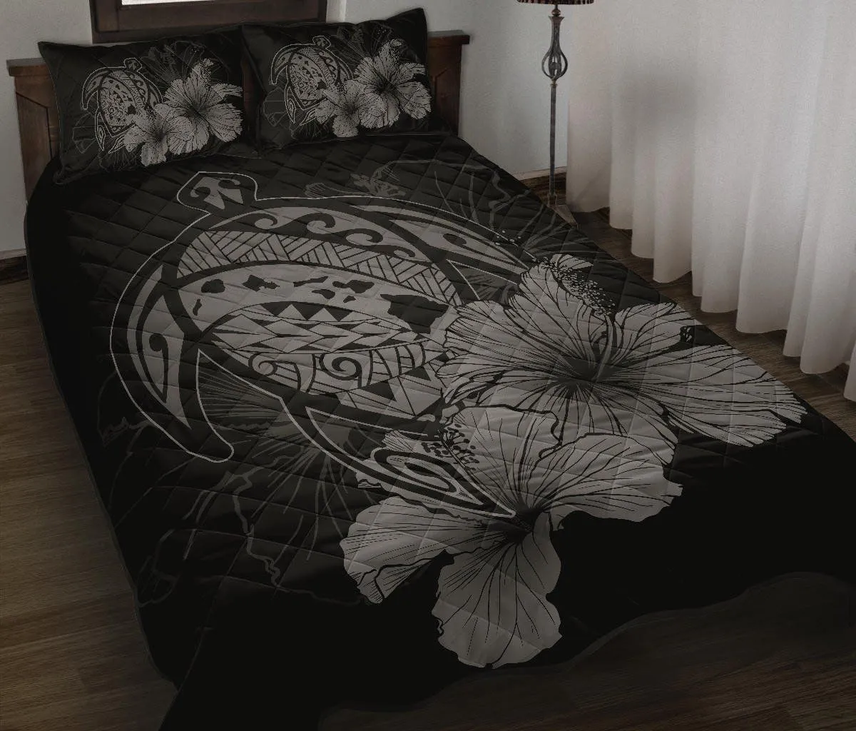 FamilyGater Home Set - Hawaiian Map Turtle Hibiscus Polynesian Quilt Bedding Set - Gray - AH J9