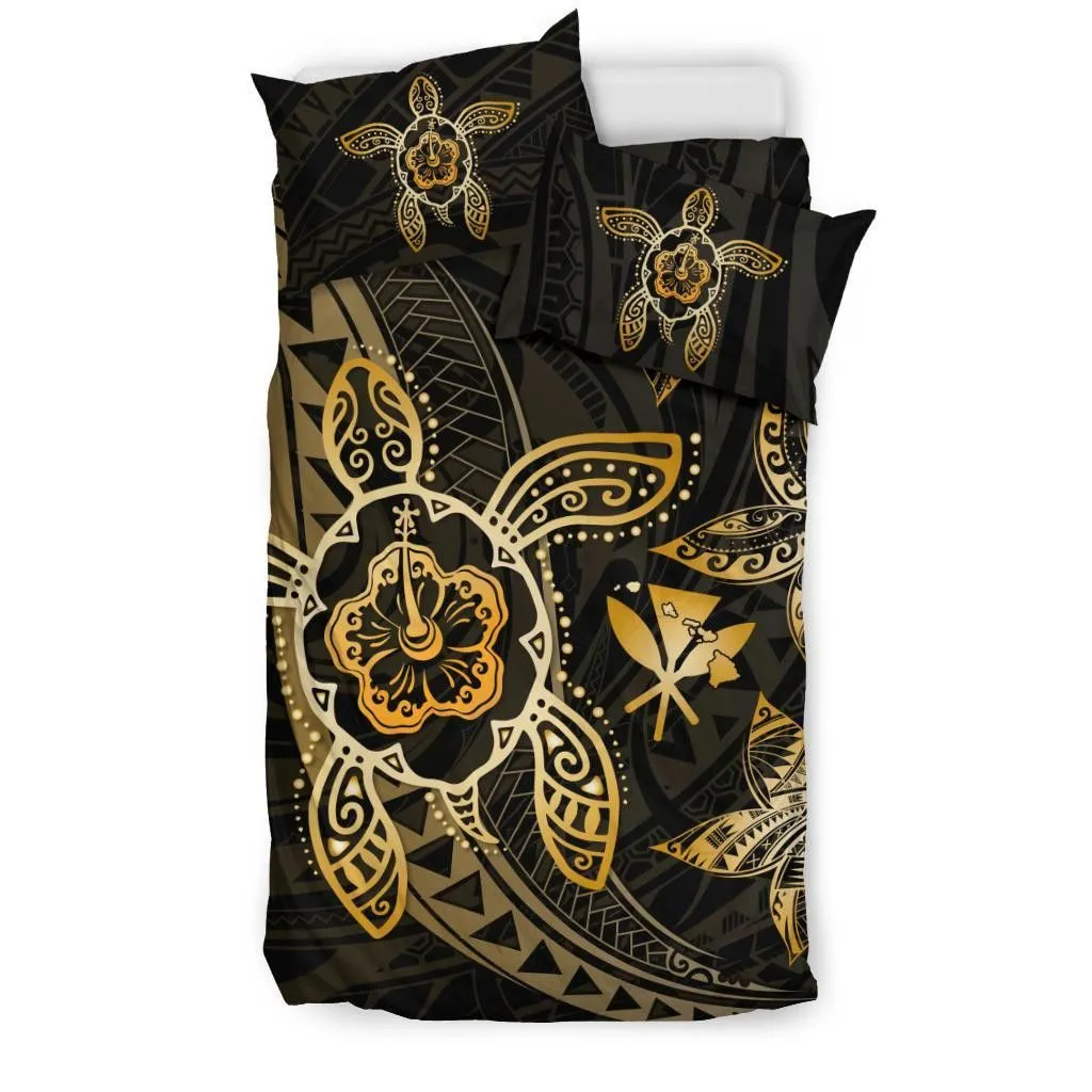 FamilyGater Bedding Set - Cover and Pillow Cases Hawaiian Map Art Turtle Kanaka Hibiscus Plumeria Gold Polynesian - AH - J1