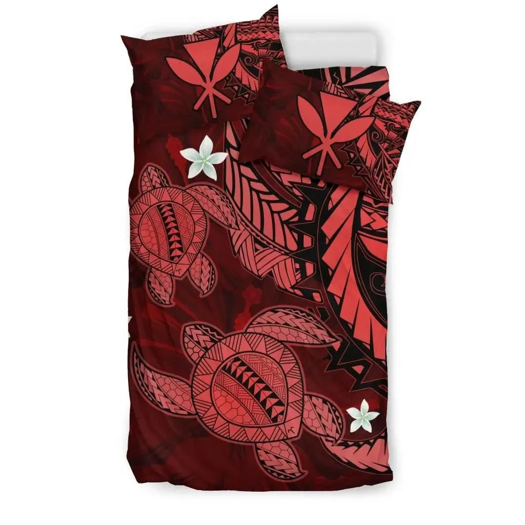 FamilyGater Home Set - Hawaii Polynesian Turtle Hibiscus Bedding Set - Red - AH - J4