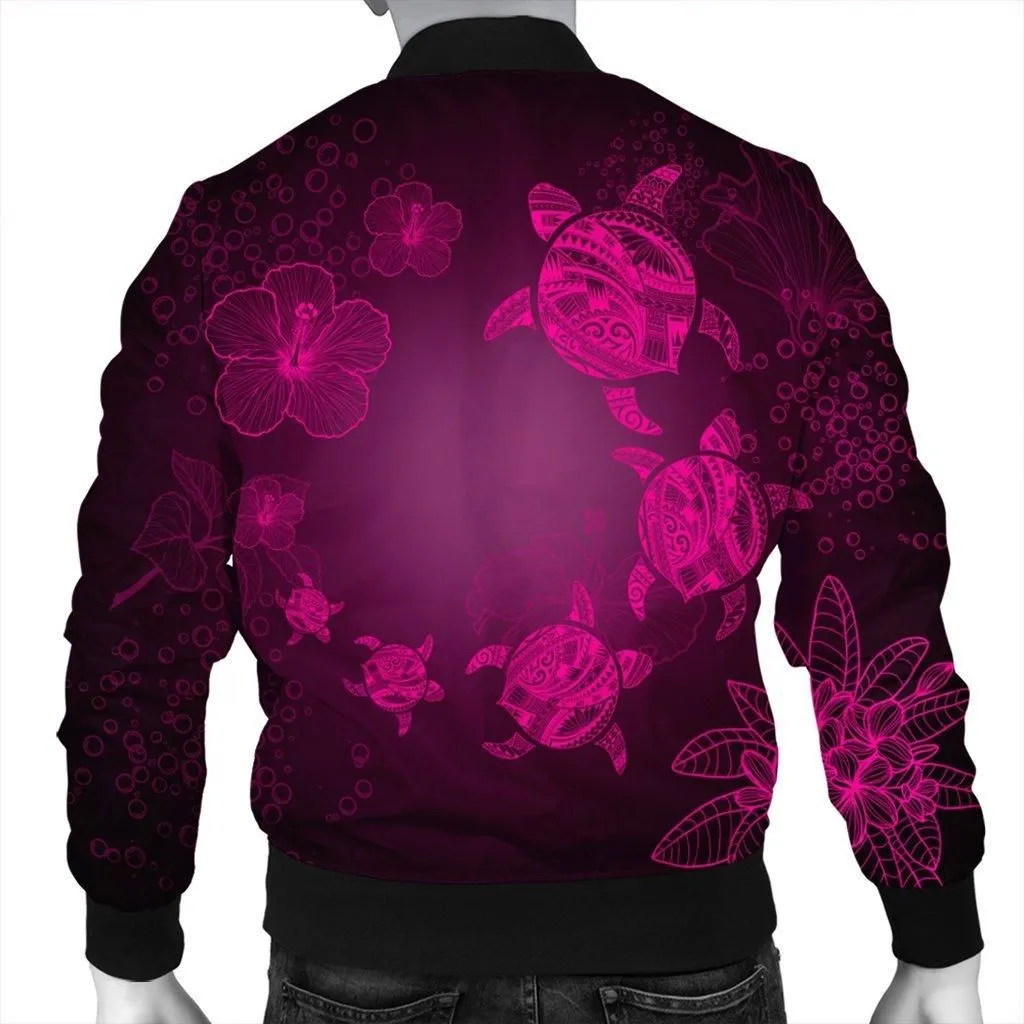 Hawaiian Plumeria Hibiscus Turtle Under Sea Polynesian Bomber Jacket Pink AH