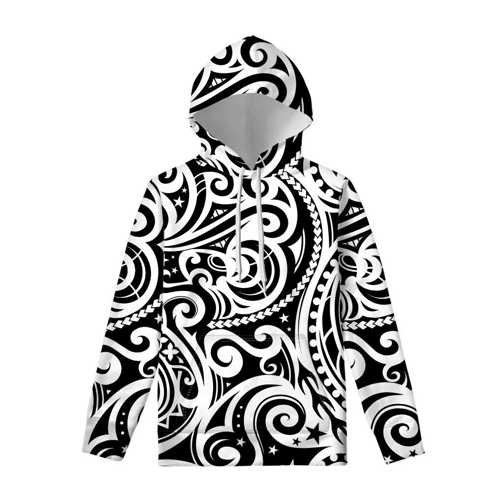 Black And White Polynesian Tattoo Print Pullover Hoodie