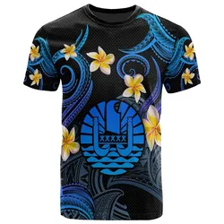 Tahiti T-shirt - Custom Personalised Polynesian Waves with Plumeria Flowers (Blue)