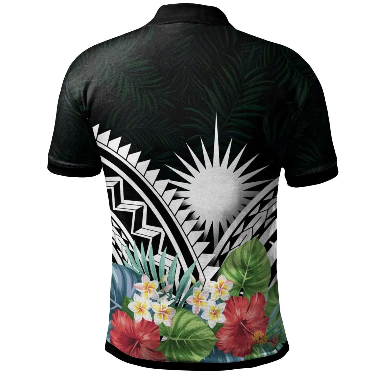 Alohawaii Shirt - Polo Shirt Marshall Islands -Marshall Islands Coat of Arms & Polynesian Tropical Flowers White - BN22