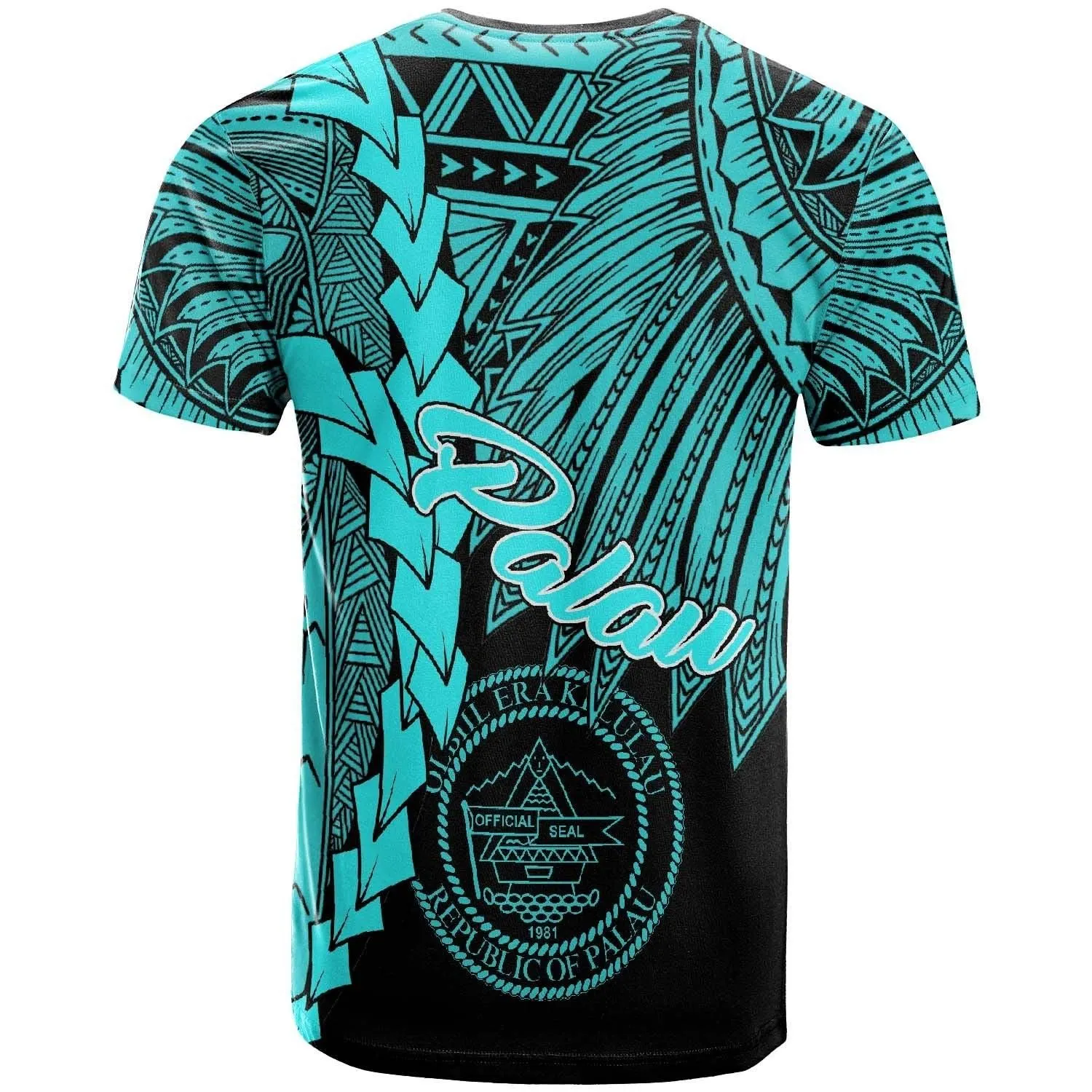 Palau Polynesian Custom Personalised T-Shirt - Tribal Wave Tattoo Neon Blue