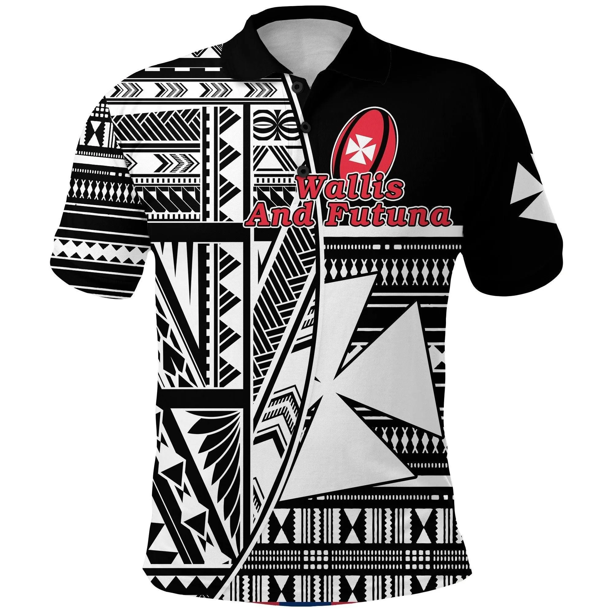 (Custom Personalised) Wallis and Futuna Rugby Polo Shirt Polynesian Clever Black - Custom Text and Number