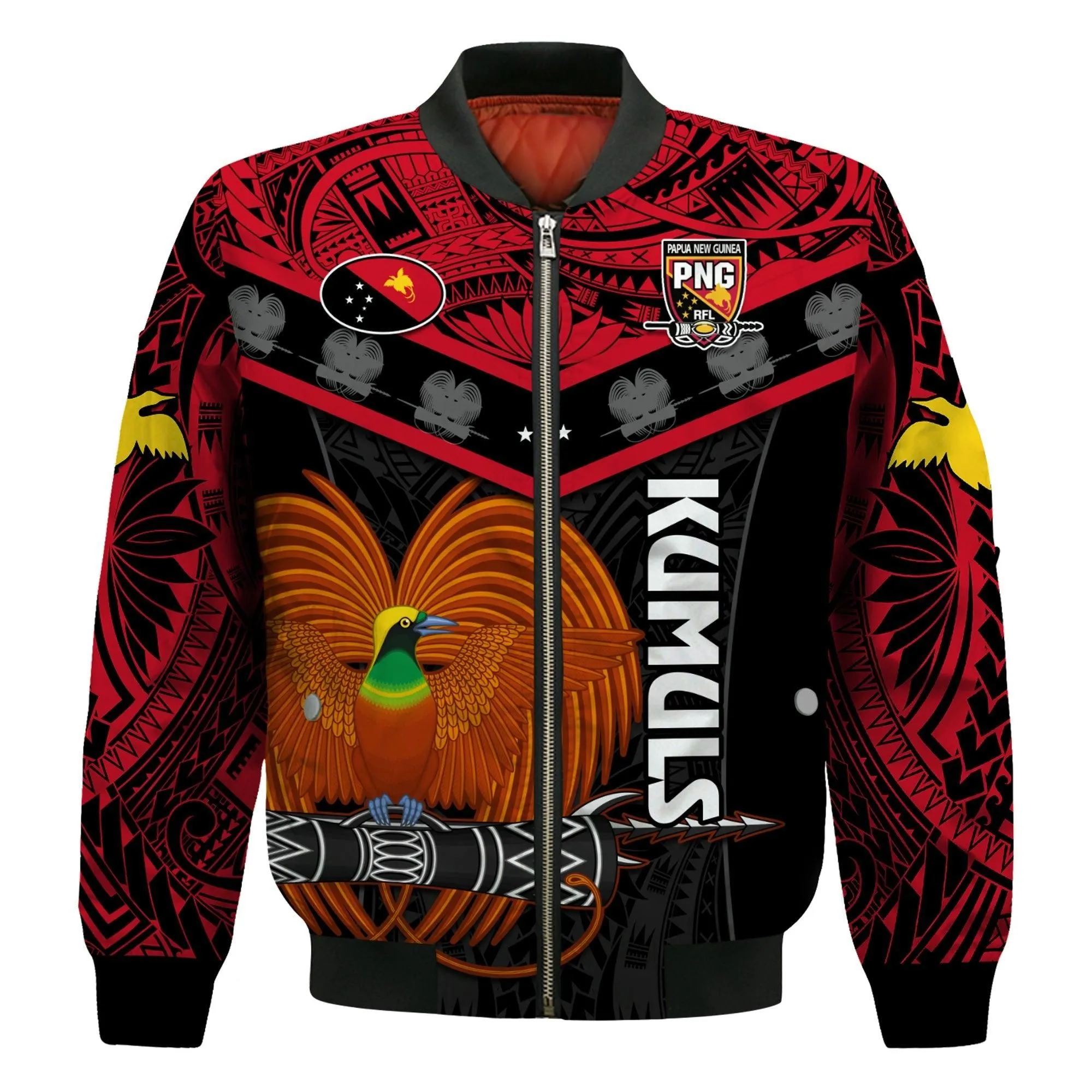 (Custom Text And Number) Papua New Guinea Rugby Bomber Jacket PNG Kumuls Bird Of Paradise Black LT14