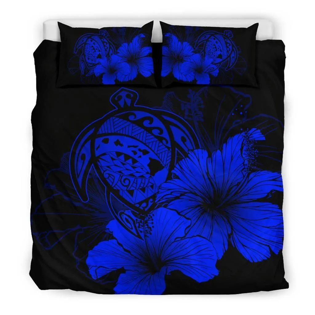 Hawaiian Map Hibiscus Turtle Polynesian Bedding Set - Blue - AH J9