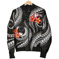 Pohnpei Micronesian Women Bomber Jacket - Black Plumeria - BN11