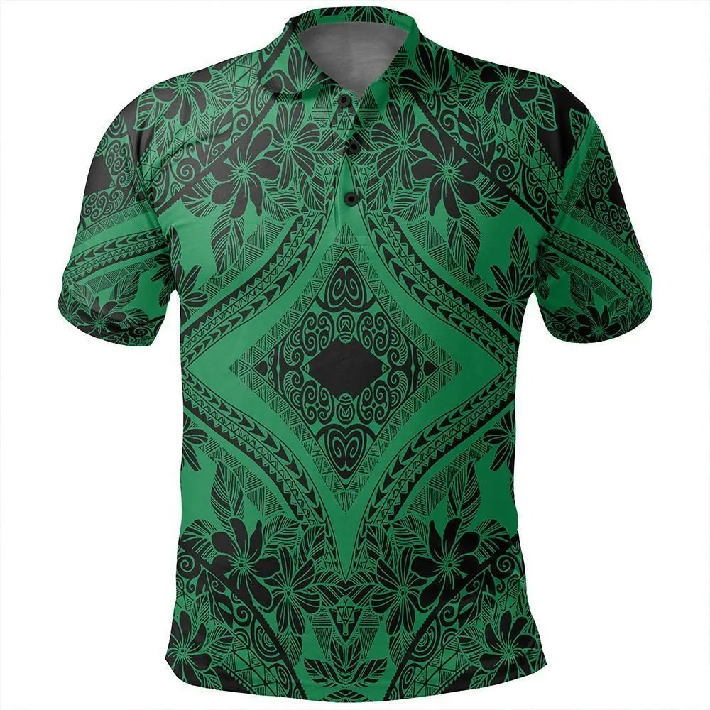 Unisex Polynesian Plumeria Mix Green Black Polo Shirt