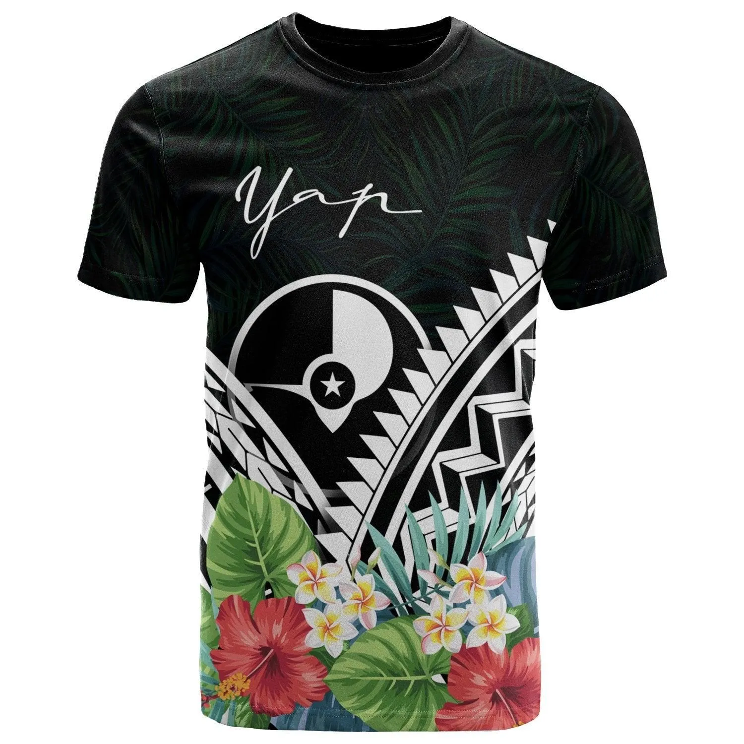 Yap Polynesian T-Shirts - Yap Coat of Arms & Polynesian Tropical Flowers White