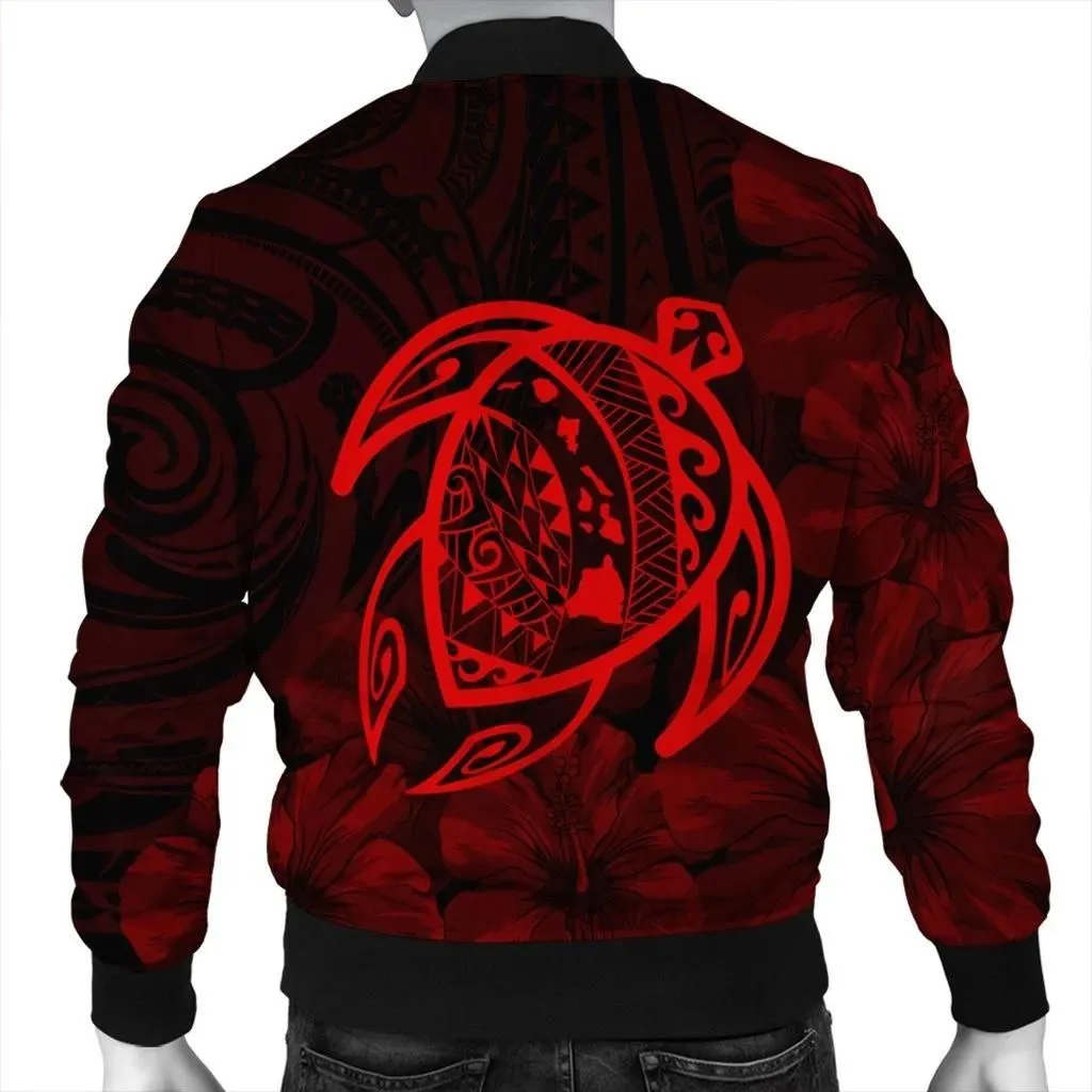 FamilyGater Jacket - Hawaiian Map Turtle Kanaka Hibiscus Polynesian Bomber Jacket - Red - AH - J4R