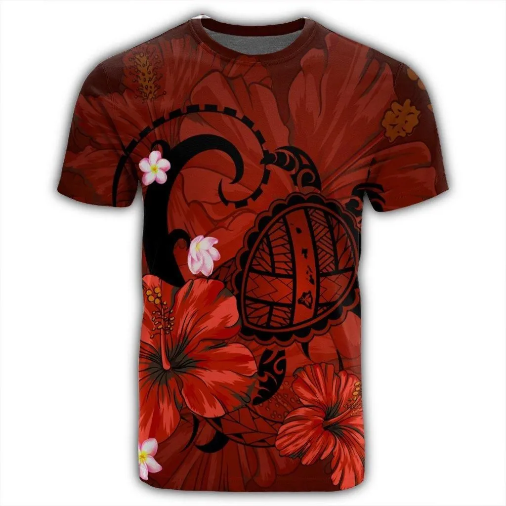 Hawaiian Map Big Turtle Hibiscus Plumeria Tribal Polynesian T-Shirt - Red - AH