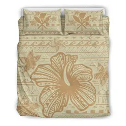 FamilyGater Home Set - Hawaii Hibiscus Plumeria Kanaka Polynesian Vintage Bedding Set - Beige - AH - J4
