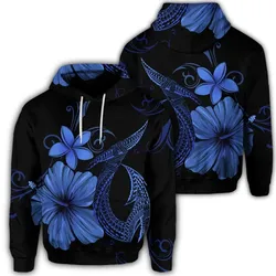 Hawaiian Fish Hook Hibiscus Plumeria Polynesian Hoodie - Blue