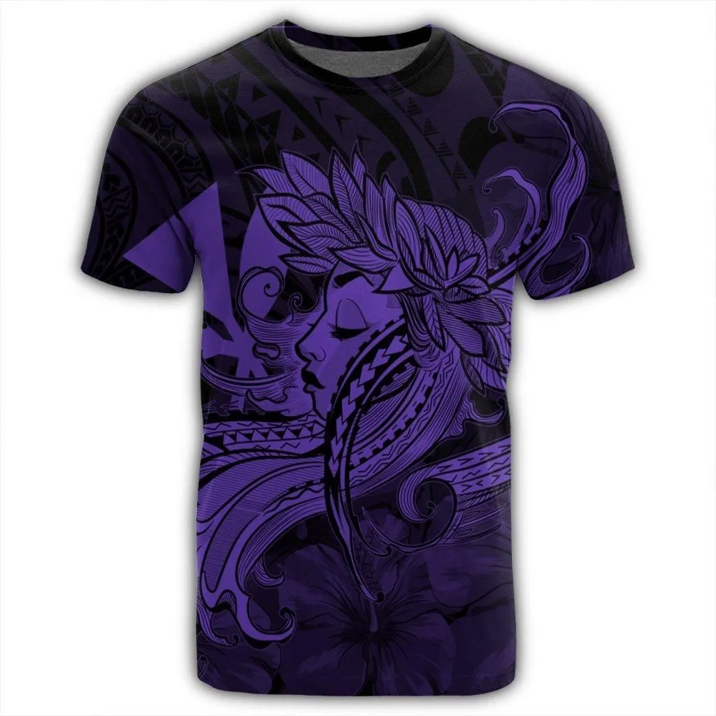 Hawaiian Map Hula Girl Hibiscus Kanaka Polynesian T-Shirt - Purple - AH